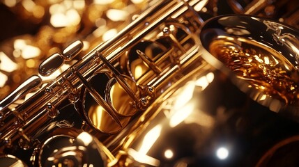 A close-up of a saxophone with its shiny brass finish and intricate keywork. The scene highlights the elegance and complexity of the instrument, capturing its role in jazz and other musical genres.
