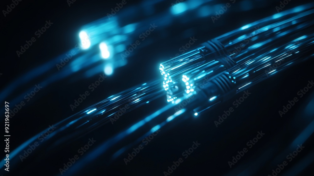 Poster wire tunnel with digital binary data transmission in 3d. depth of field effect. inside ai concept. m