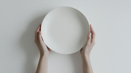 Hands holding an empty white plate on a white background.