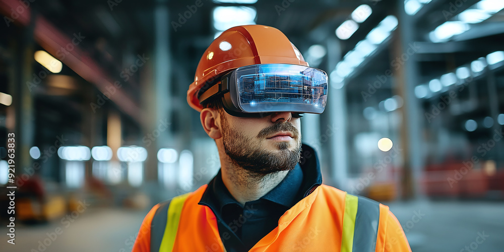 Aufkleber worker with futuristic ar visor: depicts a construction worker using advanced augmented reality (ar)