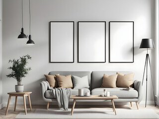Interior poster mock up with three vertical frames hanging over a sofa in scandinavian style livingroom. 3d rendering.