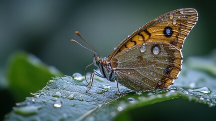 Obraz premium A close-up view of a butterfly resting on a leaf with morning dew. The details of the dew drops and the wings create a fresh and delicate natural image