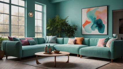 Default Chic boho living room with a velvet green sofa. AI generated
