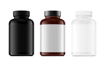 Plastic bottle mockups for nitric oxide booster, sports nutrition, additives. Vector illustration isolated on white background. Can be use for template your design, presentation, promo, ad. EPS10.