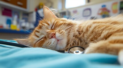 Orange tabby cat resting during a veterinary examination for respiratory infection