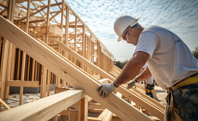 Fototapeta premium Construction worker assembling wooden beams at a building site.