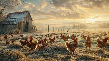 This beautiful image showcases free-range egg-laying chickens in both a field and a commercial chicken coop. The photograph captures the natural