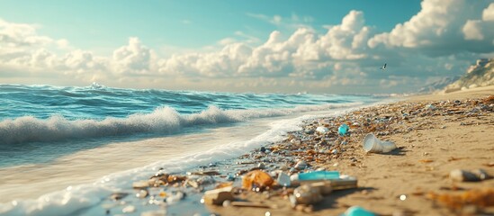 Polluted Beach with Plastic Waste and Debris on Sandy Shoreline under a Clear Blue Sky with Rolling Waves