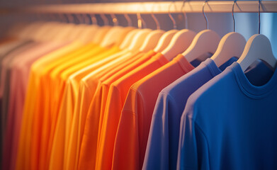 Obraz premium Colorful shirts neatly hung on a clothing rack.