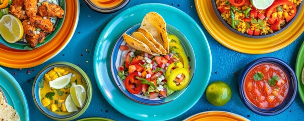 Italian food in coloured plates on a blue background