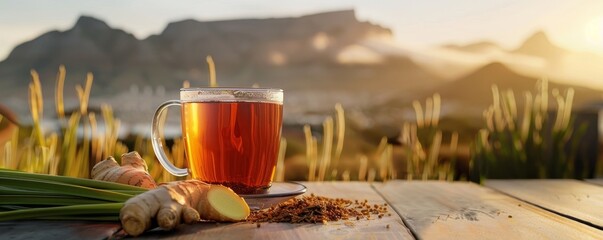 a cup of tea with ginger in nature, advertising photo of tea