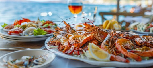 seafood on the table in a restaurant near the sea