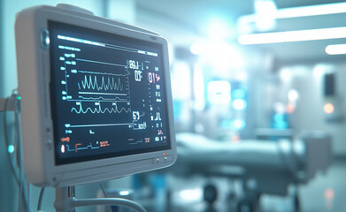 Fototapeta premium Medical monitor displaying vital signs in a modern hospital operating room.
