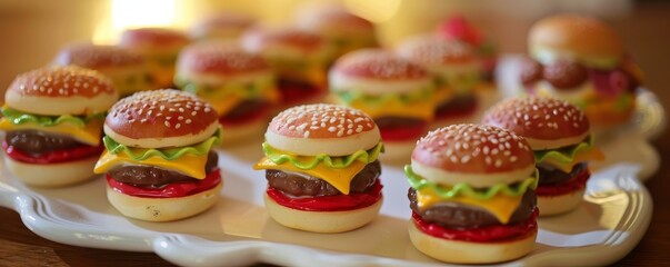 mini hamburgers on a plate under rays of light