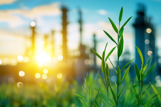 A vibrant green plant grows near an industrial facility, with the morning sun rising in the background, symbolizing the balance between nature and industry.
