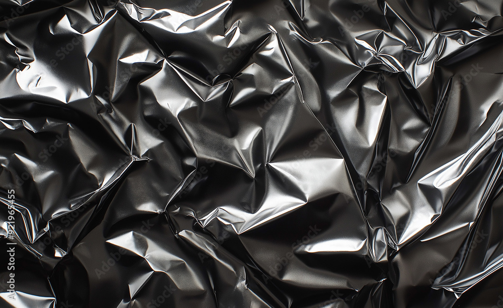 Poster crumpled shiny black foil creating abstract texture.