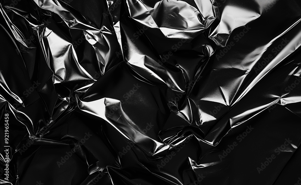 Poster crumpled shiny black foil creating abstract texture.