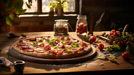 pizza with salami and wine, pizza, delicious pizza, italian pizza, vegetable pizza, cheese pizza, delicious, dinner, food photography