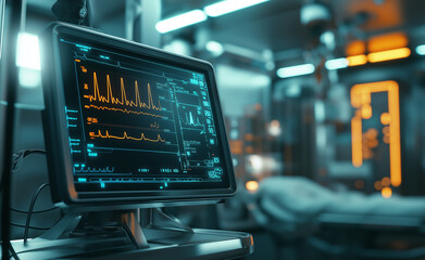 Naklejka premium Medical monitor displaying vital signs in a modern hospital operating room.