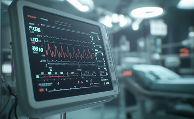 Medical monitor displaying vital signs in a modern hospital operating room.