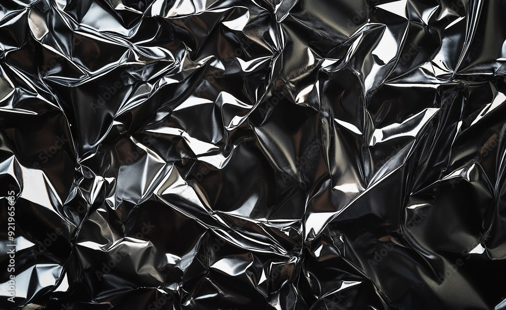 Poster crumpled shiny black foil creating abstract texture.