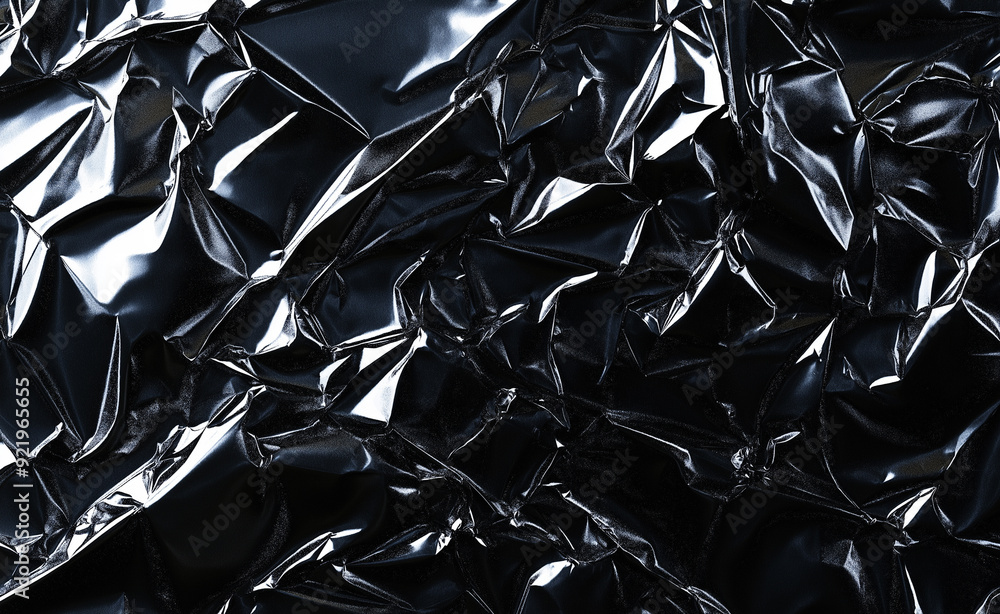 Poster crumpled shiny black foil creating abstract texture.