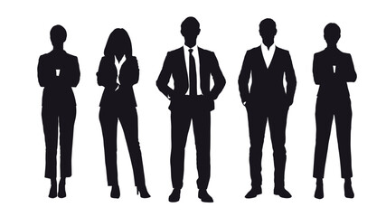 Business people group black silhouettes pose on white background, flat line vector and illustration.