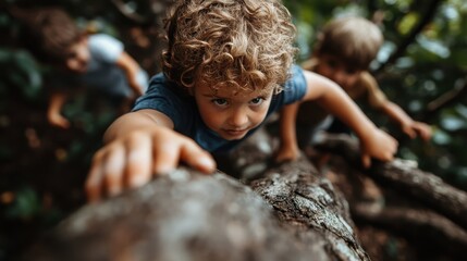 A determined child is seen climbing a large tree, demonstrating curiosity and adventurous spirit while exploring nature with friends, immersed in a playful moment.