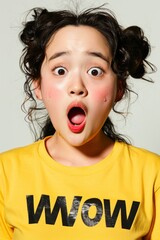 Close-Up Portrait Of An Asian Woman Looking Surprised With A "Wow" Face, Staring Impressed At The Camera, Standing Against A White Background