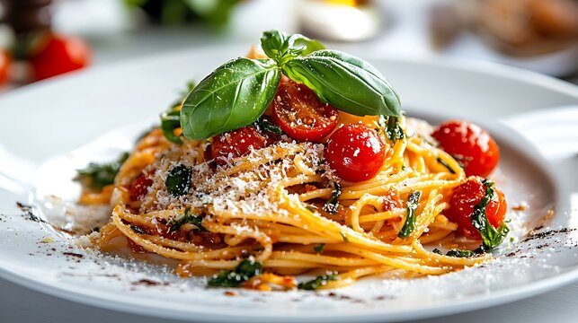 A gourmet dish of pasta topped with cherry tomatoes, basil, and parmesan cheese, artfully plated on a white plate, with a white background to emphasize the colors of the food