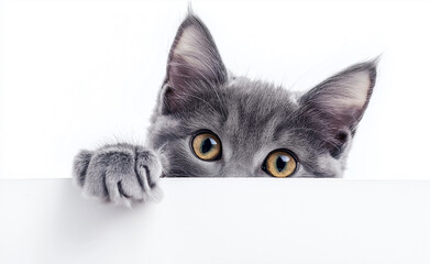 Curious gray cat peeking over a white surface.
