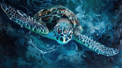Obraz premium A turtle is swimming in the ocean. The turtle is blue and green