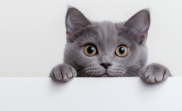 Curious gray cat peeking over a white surface.