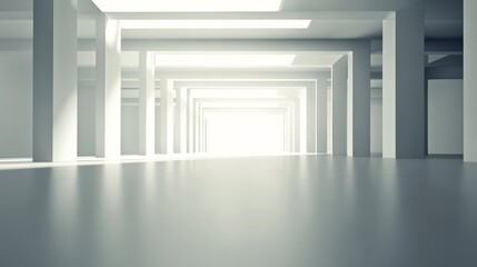 A minimalistic interior space with bright lighting and structural columns creating a sense of depth and openness.