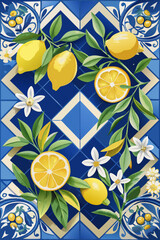 Elegant watercolor vector illustration featuring lemons, flowers, and blue Mediterranean tiles. Includes a cute and stylish design with frames, striped waves, wreaths, and patterns, ideal for backgrou