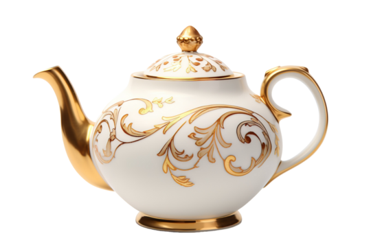 Elegant Porcelain Teapot With Intricate Gold Detailing Sitting Gracefully on a Table During Afternoon Tea Gathering on White or PNG Transparent Background.