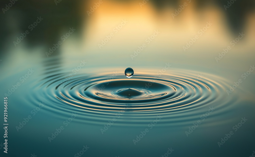 Poster water drop creating ripples on a calm surface.