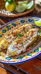 Fototapeta premium Grilled Mexican Street Corn, charred cobs are slathered in mayonnaise based sauce, seasoned with chili powder and sprinkled with cheese, cilantro. AI generated illustration