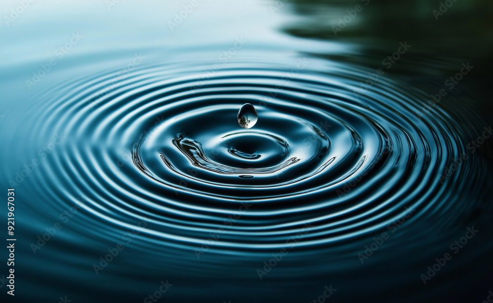 Poster water drop creating ripples on a calm surface.