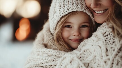 A mother and daughter, wrapped in cozy knits, smile warmly while embracing each other outdoors against a blurred winter background, representing love and warmth in family.