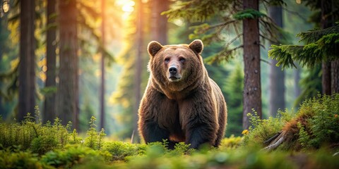 Obraz premium Large bear in natural forest habitat, bear, wildlife, outdoors, nature, forest, mammal, grizzly, wilderness, trees, habitat