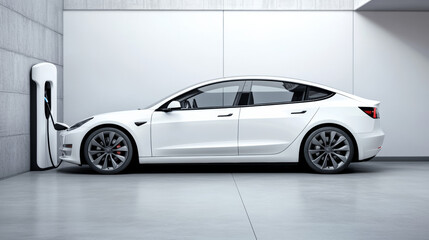 A white electric car is charging at a wall station on a gray background	