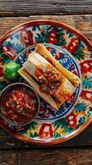 Fototapeta premium Tamales. Prehispanic dish typical of Mexico and some Latin American countries. Corn dough wrapped in corn leaves. The tamales are steamed. AI generated illustration