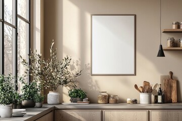 Fototapeta premium Minimalist Kitchen interior with Poster Mockup created with Generative AI