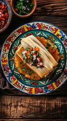 Fototapeta premium Tamales. Prehispanic dish typical of Mexico and some Latin American countries. Corn dough wrapped in corn leaves. The tamales are steamed. AI generated illustration