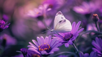 A white butterfly is perched on a purple flower. Concept of tranquility and beauty, as the delicate butterfly rests on the vibrant purple petals. The scene captures a moment of stillness