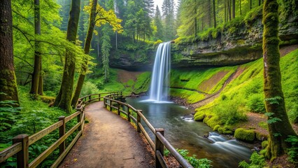 Tranquil hiking trails weaving through lush forest and breathtaking waterfalls at Silver Falls State Park in Oregon USA