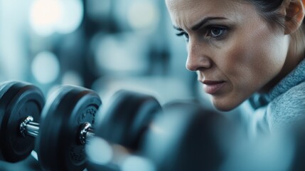 A determined woman focuses intensely while lifting weights in a gym setting, capturing the essence of strength, dedication, and personal fitness.