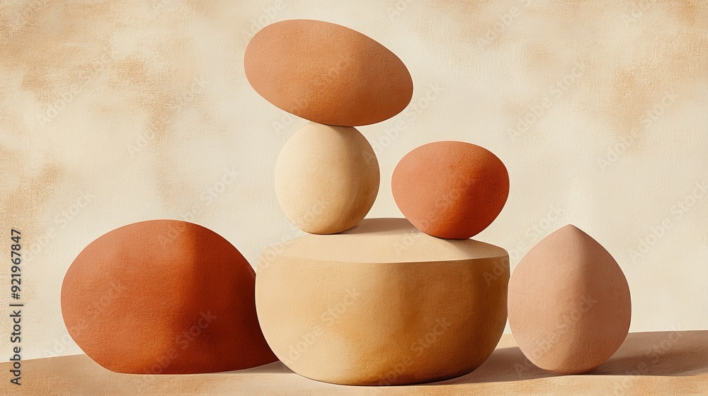 Poster a minimalistic arrangement of abstract, rounded shapes in warm earthy tones, creating a serene and a