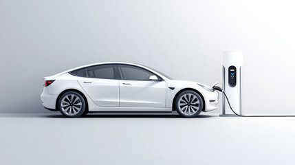 A white electric car is charging at a wall station on a gray background	